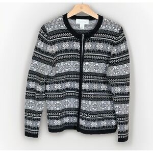 VTG Y2K Rosanna Womens M Nordic Zip Cardigan Sweater Lambswool Gray Fair Isle